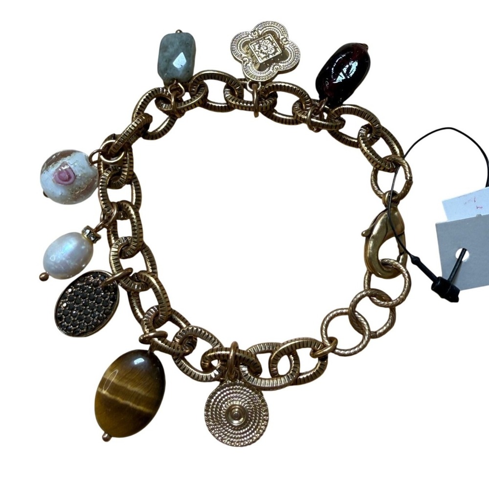 Chico's Charm Bracelet Gold Multi Bead Tiger's Eye‎ Pearl Floral Glass NEW